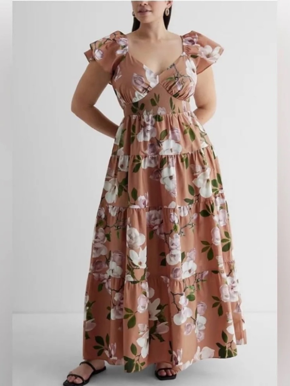 Express Magnolia Printed Smocked Poplin Maxi Dress XL